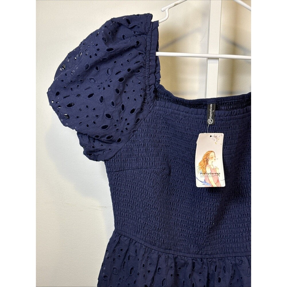 NEW Puff Sleeve Square Neck Smocked Tiered Eyelet Midi Dress sz L cottage smocke - Picture 3 of 7